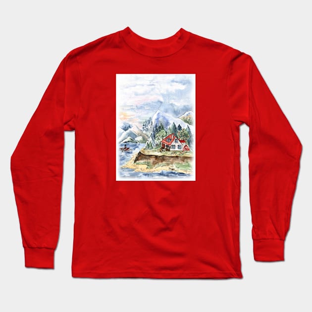 Mountain Landscape Watercolor painting Long Sleeve T-Shirt by Flowersforbear